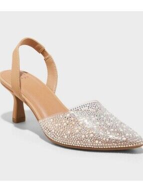 New A New Day Nude Slingback Pointed Toe Heels with Pearl Crystal Accents 11
